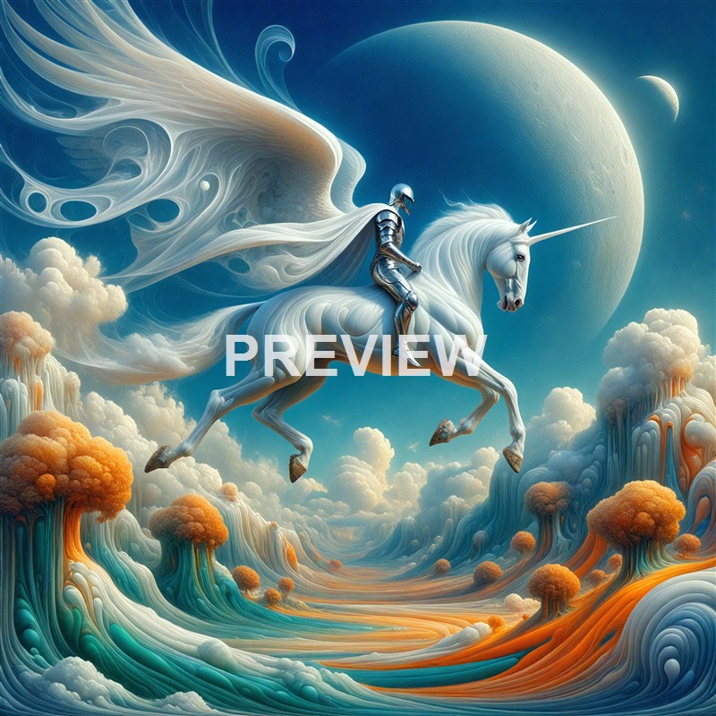 A fantastical scene featuring a knight in armor riding a white unicorn with a flowing mane and tail, set against a surreal sky with large planets, swirling clouds, and stylized orange and blue trees.